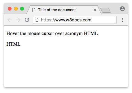 Tooltip del browser che mostra "Hyper Text Markup Language" sopra l'abbreviazione HTML quando il mouse vi passa sopra